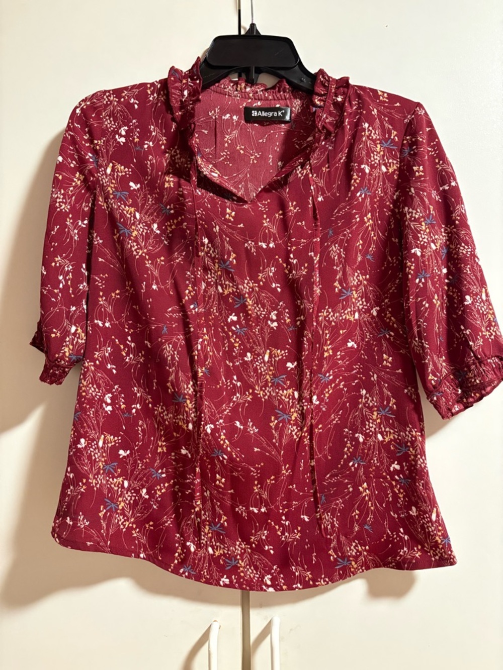 Allegra K Women’s Floral Ruffle Neck Blouse in Burgundy